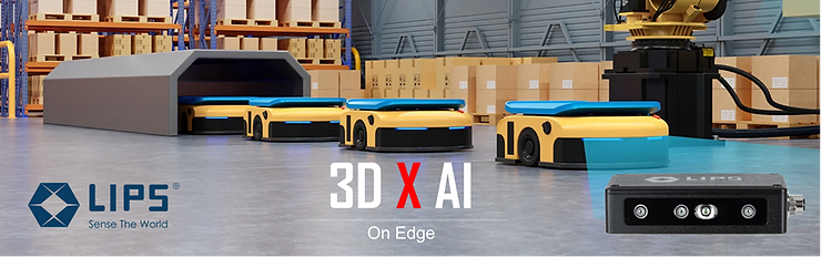 Warehouse scene featuring autonomous mobile robots (AMRs) transporting goods, with LIPS 3D AI technology highlighted. The LIPS logo and the text "3D X AI On Edge" emphasize the integration of advanced 3D vision and AI solutions.