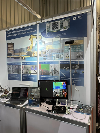 立普思 LIPS 在 Embedded World 2024 盛大展出 5 Exhibition booth showcasing LIPSedge 3D AI Edge Accelerator for multi-camera applications. The display includes posters, a laptop, monitors, and hardware setups demonstrating the technology.