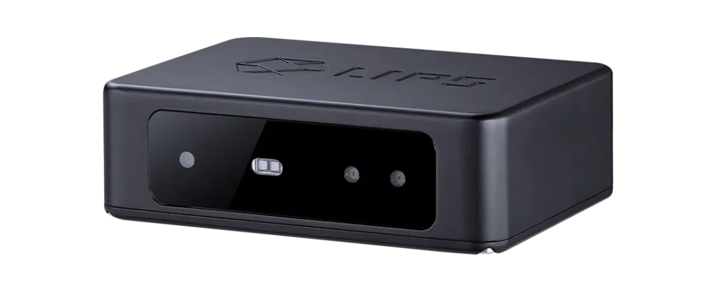 A compact black LIPS 3D depth-sensing camera with a sleek design, featuring multiple sensors on the front panel, placed against a black background.