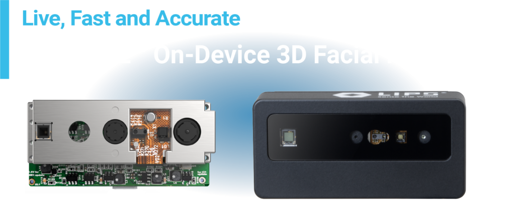 Two LIPSFACE™ 3D facial recognition devices are displayed, showcasing a live, fast, and accurate on-device facial recognition solution. One device shows the internal hardware components, while the other presents the sleek external casing.