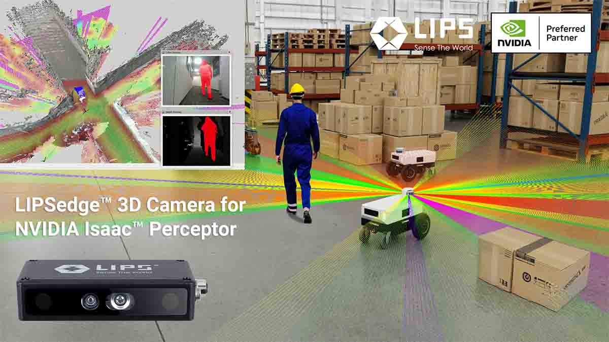 A warehouse scene showcasing the application of the LIPSedge™ 3D Camera with NVIDIA Isaac™ Perceptor. In the foreground, the LIPSedge™ 3D Camera is displayed, while in the background, an autonomous mobile robot (AMR) uses 3D sensing technology for navigation, with colorful beams illustrating its perception range. The screen shows 3D point cloud and depth image analysis, alongside LIPS and NVIDIA Preferred Partner logos.