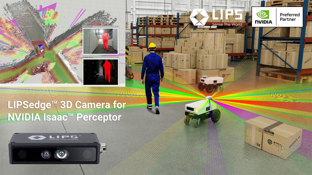 A warehouse scene showcasing the application of the LIPSedge™ 3D Camera with NVIDIA Isaac™ Perceptor. In the foreground, the LIPSedge™ 3D Camera is displayed, while in the background, an autonomous mobile robot (AMR) uses 3D sensing technology for navigation, with colorful beams illustrating its perception range. The screen shows 3D point cloud and depth image analysis, alongside LIPS and NVIDIA Preferred Partner logos.