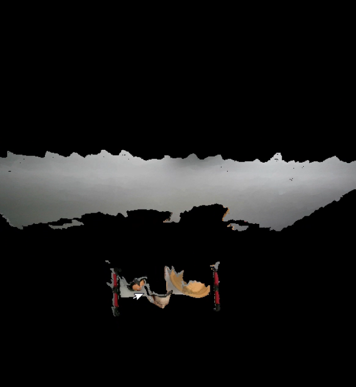Abstract image with a dark background featuring a faint, irregular white shape resembling a cloud or surface at the top and small, colorful objects or structures near the bottom center.