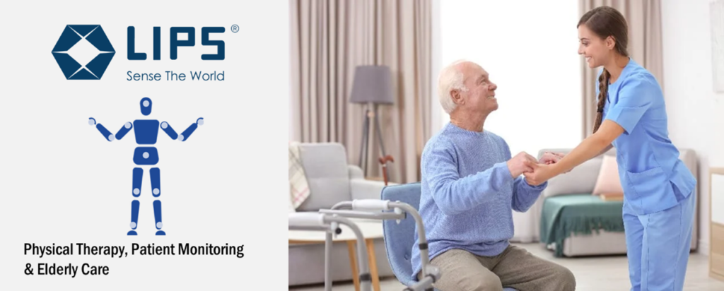 A nurse assists an elderly man in a home care setting, with a walker nearby. The scene highlights LIPS technology for physical therapy, patient monitoring, and elderly care, featuring the LIPS logo and a skeleton tracking icon symbolizing 3D body pose detection capabilities.
