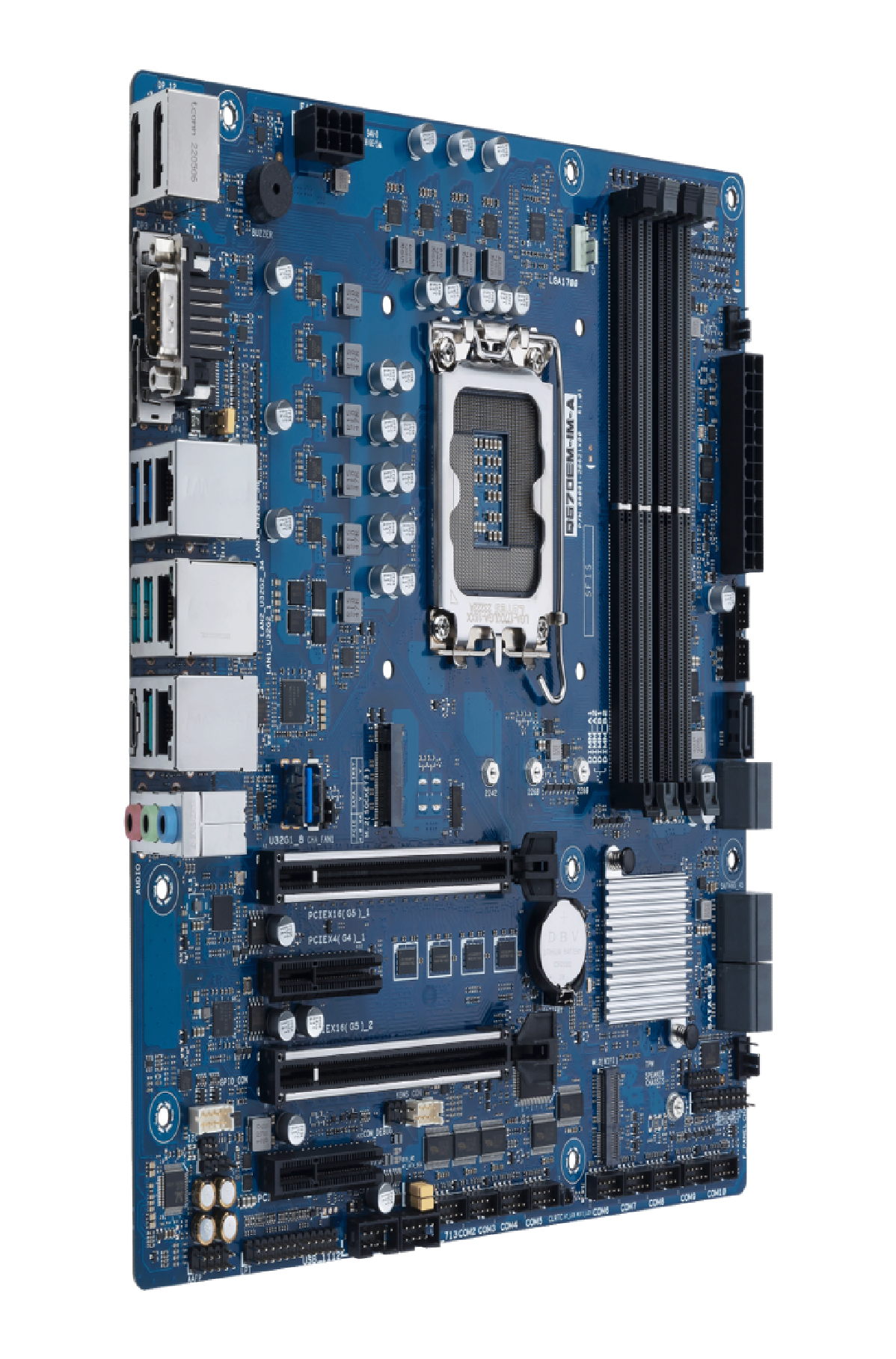LIPSedge™ F系列邊緣人工智慧加速卡 4 A blue computer motherboard featuring a CPU socket, multiple RAM slots, PCIe slots, and various connectors and ports, designed for desktop or server use.