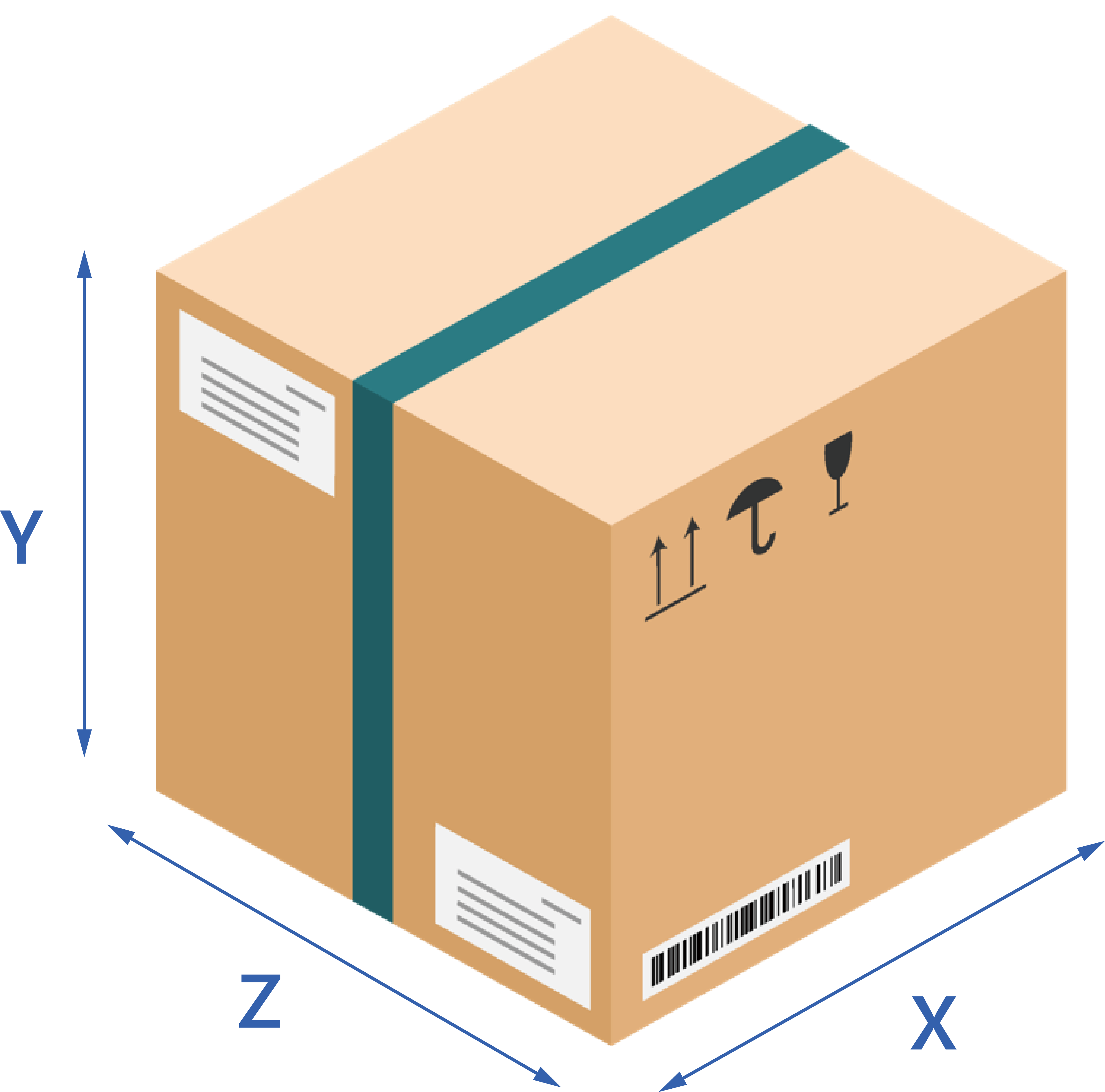 Illustration of a cardboard box with labeled dimensions (X, Y, Z). The box has shipping labels, a barcode, and handling symbols, including "fragile" and "keep dry."