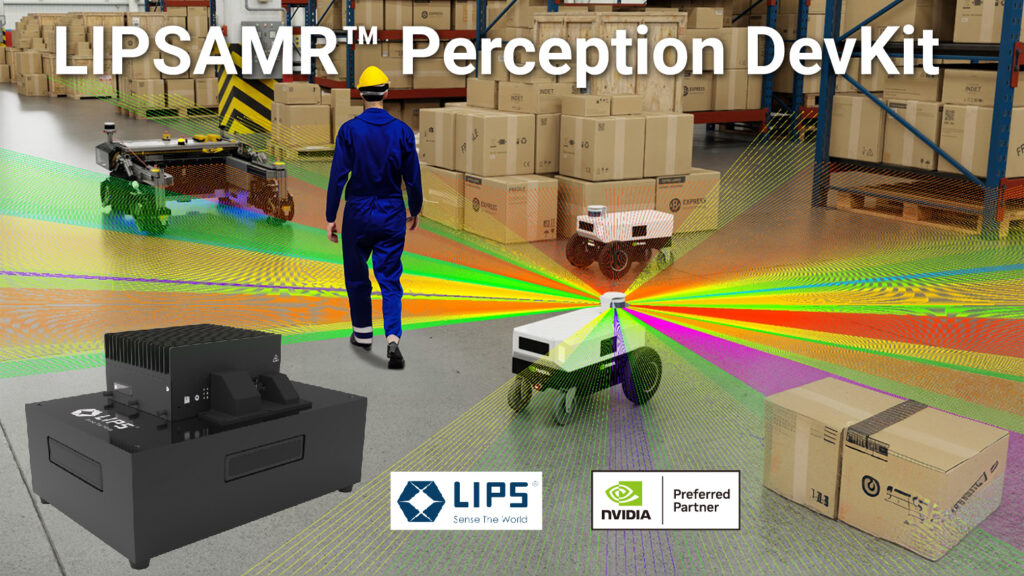 A promotional image showcasing the "LIPSAMR™ Perception DevKit" in a warehouse setting. The scene features an autonomous mobile robot (AMR) equipped with advanced 3D vision technology, visualized through colorful laser-like perception rays scanning the environment. A worker in a safety helmet walks nearby, emphasizing human-robot interaction. The foreground displays the LIPSAMR™ hardware module, while the background includes shelves stacked with boxes and another AMR. Logos of LIPS and NVIDIA Preferred Partner are shown at the bottom.
