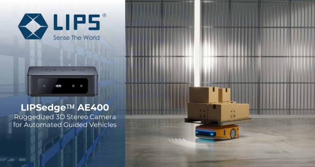 Promotional image for the LIPSedge™ AE400, a ruggedized 3D stereo camera designed for automated guided vehicles (AGVs). The left side shows the camera with the LIPS logo and tagline "Sense The World," while the right side features a yellow AGV carrying stacked cardboard boxes in a warehouse setting. The product emphasizes advanced vision capabilities for industrial automation.