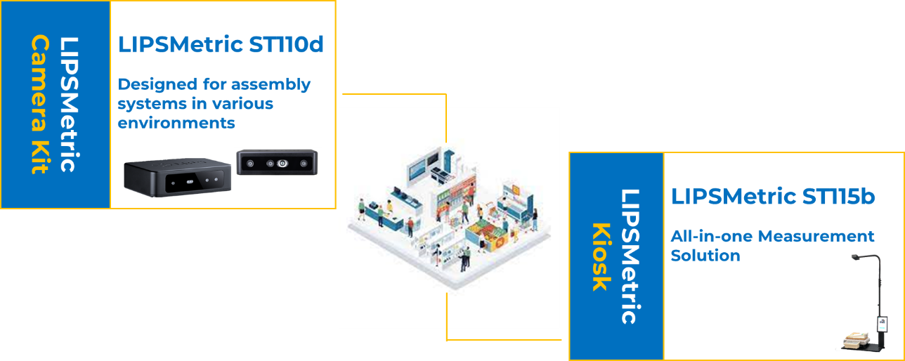 A comparative promotional graphic showcasing two LIPSMetric solutions. On the left, the "LIPSMetric Camera Kit" featuring the ST110d, designed for assembly systems in various environments, with an image of a 3D camera. In the center, an illustrated logistics workflow. On the right, the "LIPSMetric Kiosk" featuring the ST115b, an all-in-one measurement solution, with an image of a kiosk setup.
