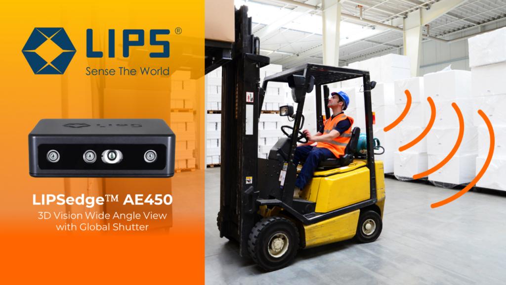 A promotional image featuring the LIPSedge™ AE450 3D Depth Camera on the left with the tagline "3D Vision Wide Angle View with Global Shutter," and a forklift operating in a warehouse on the right. The forklift is equipped with safety detection technology, illustrated by orange detection waves.