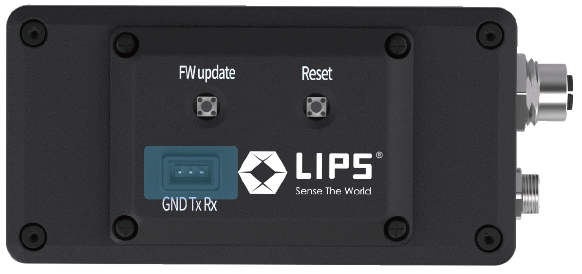 A top-down view of the LIPSedge™ AE Series Depth Camera, showcasing its labeled components. The top panel includes "FW update" and "Reset" buttons, along with "GND Tx Rx" and the LIPS logo accompanied by the tagline "Sense The World." The device features a robust black casing with visible screws and metallic connection ports on the right side, emphasizing its industrial-grade design. The background is solid black for a clean presentation.