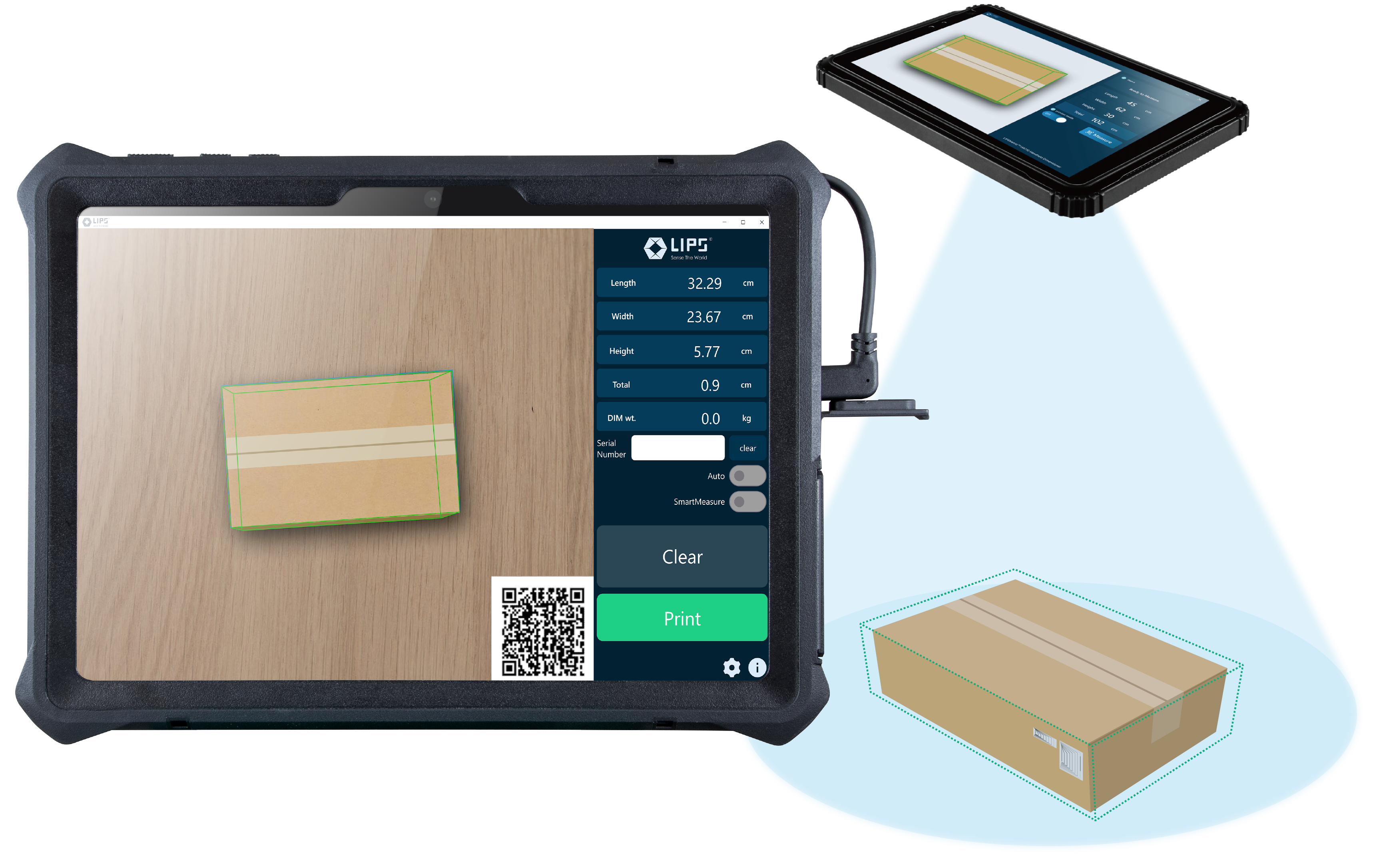 A rugged tablet displaying a measurement interface with dimensions and a QR code, analyzing a cardboard box on a wooden surface. The scene includes a 3D visualization of the box and a smaller tablet projecting the same interface, emphasizing object scanning and measurement functionality.