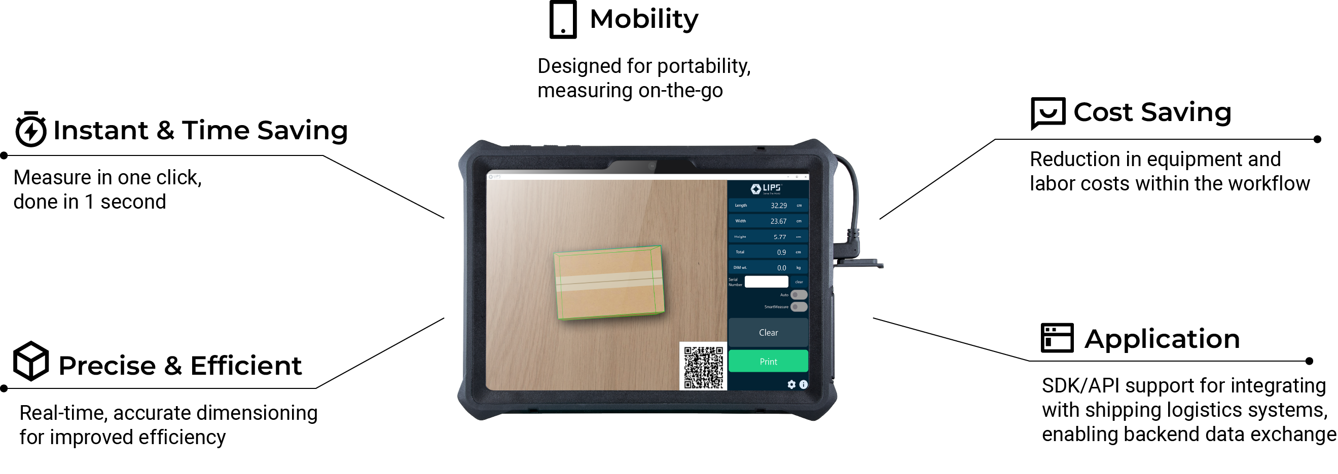 A rugged tablet displaying a wooden surface with a rectangular object in the center. The screen interface includes measurement data, a QR code, and options like "Clear" and "Print," indicating a specialized application for analysis or scanning.