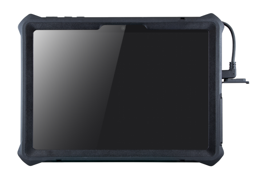 A rugged black tablet with a wide screen, surrounded by a durable frame. A connected cable is visible on the right side, indicating a wired setup or accessory attachment.