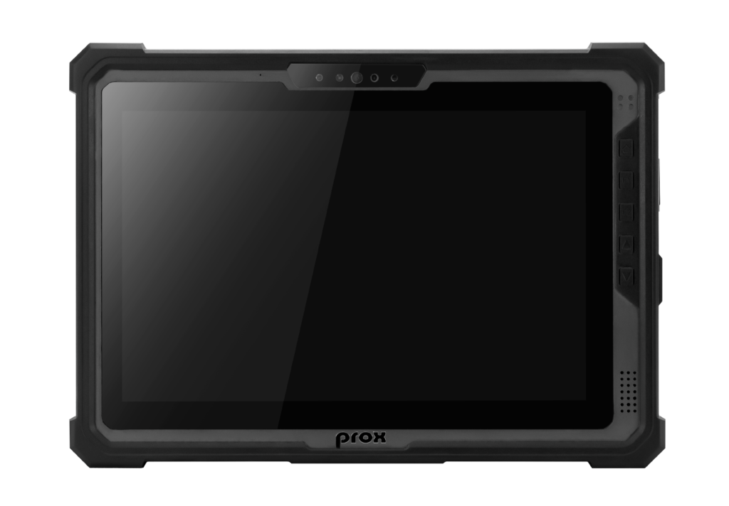 A rugged black tablet with a durable frame, featuring a large screen, front-facing camera, and side control buttons. The brand name "Prox" is visible at the bottom center of the frame.