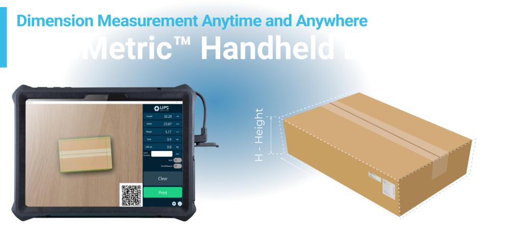 LIPSMetric™ Handheld Dimensioner showcasing its capability for dimension measurement anytime and anywhere. The device screen displays a scanned box with measurements: length (32.29 cm), width (23.67 cm), and height (5.77 cm). On the right, a 3D box diagram illustrates the dimensions labeled as L (Length), W (Width), and H (Height).