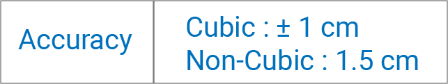 Accuracy specifications for a measurement system. Cubic objects have an accuracy of ±1 cm, while non-cubic objects have an accuracy of 1.5 cm.