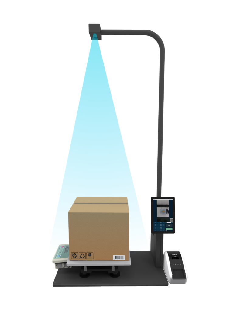 A parcel dimensioning system featuring a cardboard box placed on a weighing scale. Above, a mounted scanner emits a blue light beam for scanning and dimensioning. To the right, a touchscreen display shows measurement details, alongside a compact label printer. The setup is designed for efficient logistics and package processing.
