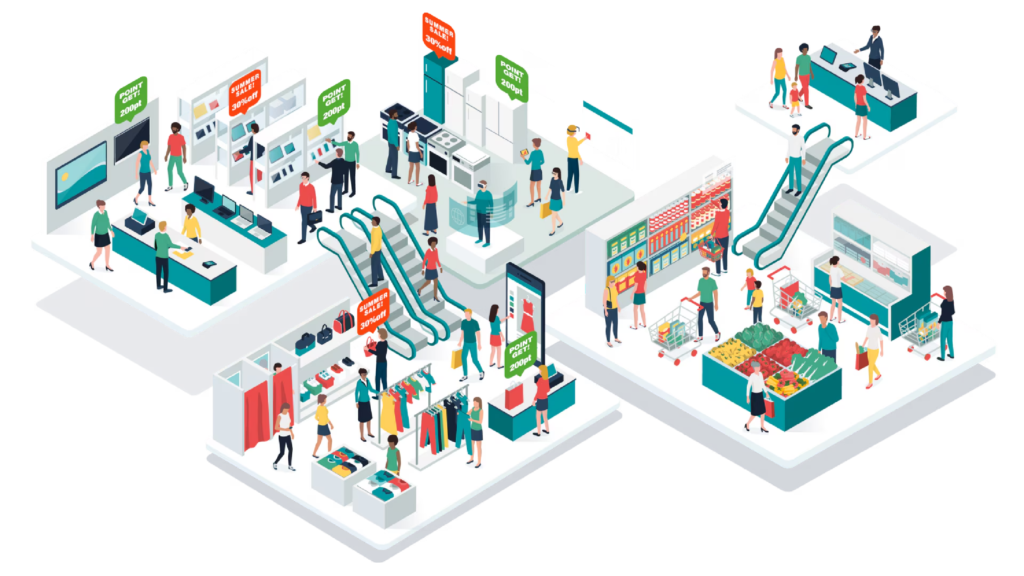 Isometric illustration of a modern multi-section retail store. Shoppers are browsing various departments, including electronics, home appliances, clothing, and groceries. Escalators connect the sections, and promotional signs display discounts like "30% off" and "POINT 200pt." The scene is vibrant and busy, representing a typical shopping experience.