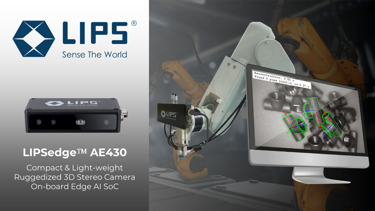 A promotional image for LIPSedge™ AE430, highlighting its compact and ruggedized 3D stereo camera with an on-board Edge AI SoC. The left side features the device, while the right side shows its application in industrial automation. A robotic arm equipped with the camera is analyzing objects on a monitor, showcasing real-time 3D vision capabilities for object detection and positioning. The text emphasizes its low-latency, high-precision performance for robotics and quality control in factories.