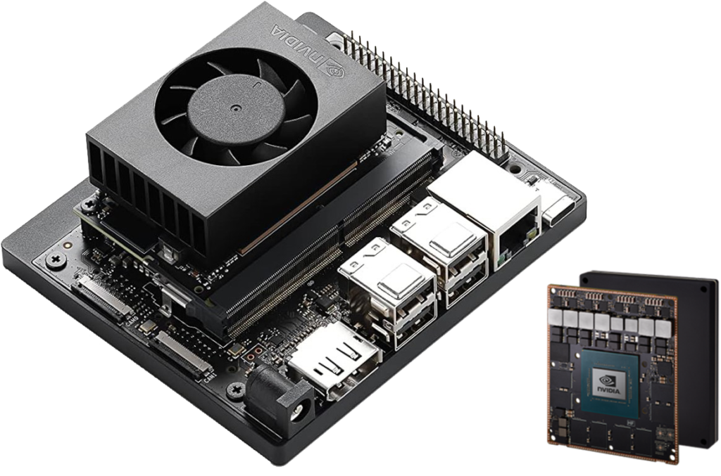"Close-up of an NVIDIA Jetson development board featuring a cooling fan, multiple USB ports, Ethernet port, and an HDMI port. An inset image shows the NVIDIA module with its chip exposed."