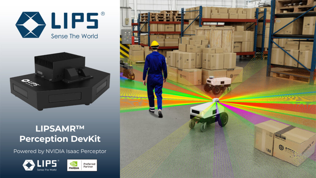 "A promotional image for the LIPSAMR™ Perception DevKit, powered by NVIDIA Isaac Perceptor. The left side showcases the LIPS device, while the right side depicts an industrial warehouse scene with autonomous robots equipped with LIPS sensors, visualizing colorful perception rays for object detection and navigation."