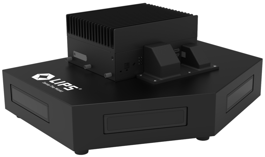 "A black LIPS 3D sensing device with a hexagonal base, featuring heat-dissipating fins on top and labeled with the text 'Scan the World.'"