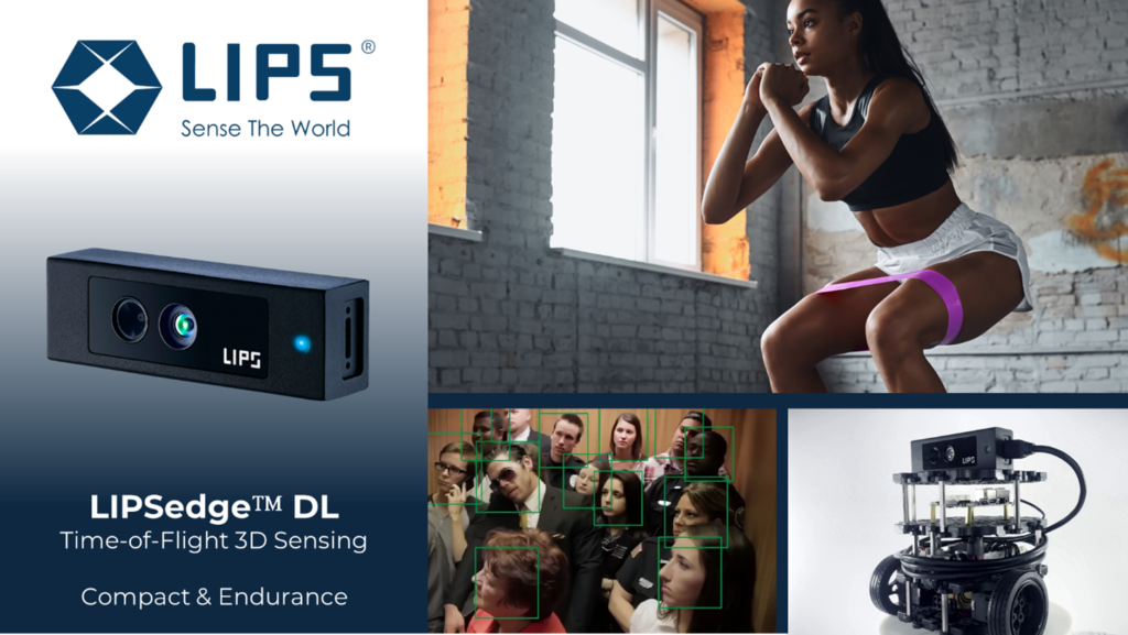 "Promotional image for the LIPSedge™ AE430, a compact and lightweight industrial 3D stereo camera. The image highlights its application in accurate bin picking using machine vision 3D gripping, featuring a robotic arm with suction cups and a monitor displaying 3D object detection."