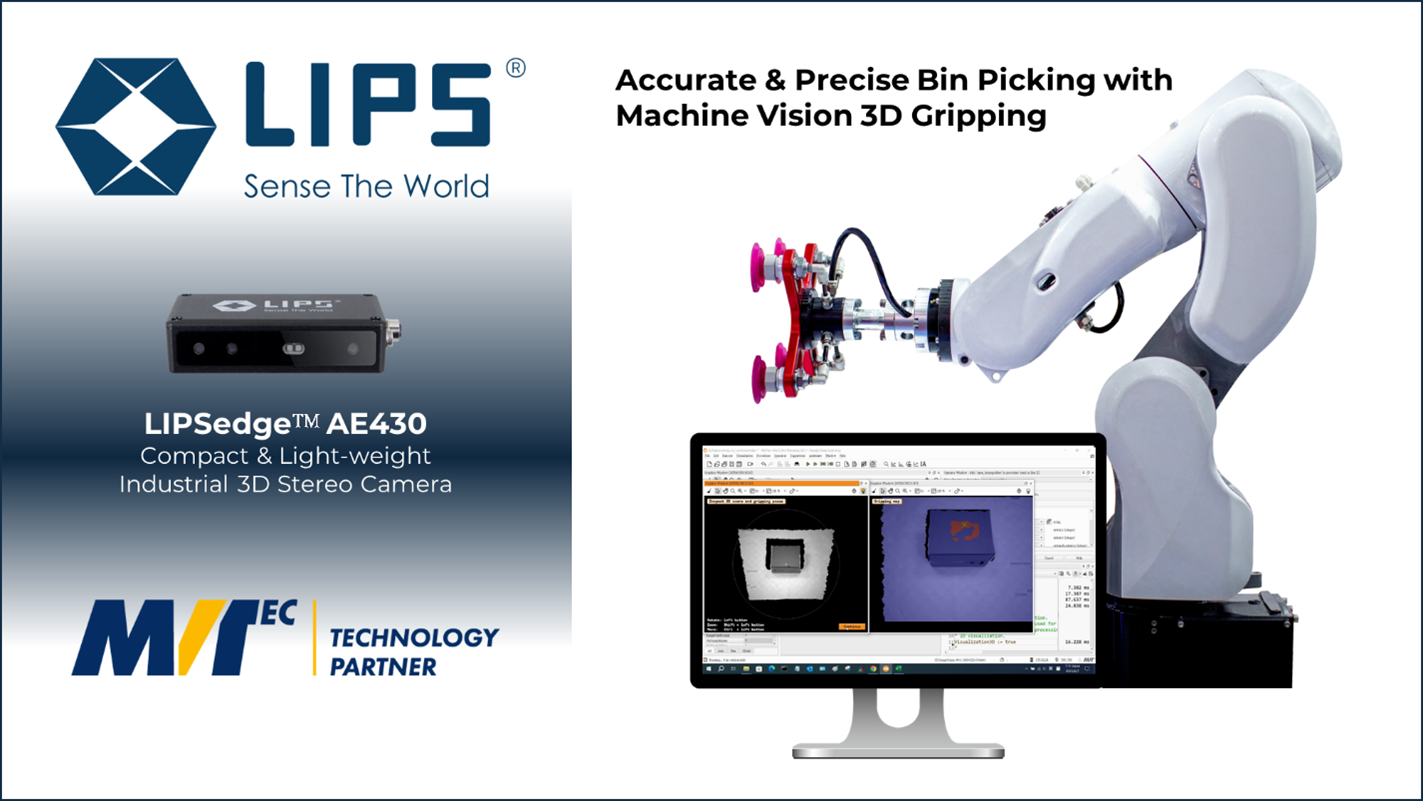 "Promotional image for the LIPSedge™ AE430, a compact and lightweight industrial 3D stereo camera. The image highlights its application in accurate bin picking using machine vision 3D gripping, featuring a robotic arm with suction cups and a monitor displaying 3D object detection."