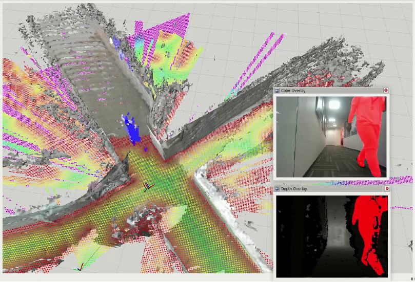 "A 3D point cloud visualization of an indoor environment with color-coded depth data. Inset images show a color overlay of a person walking in a hallway and a corresponding depth overlay highlighting the person's silhouette."