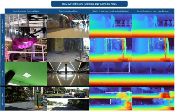 "A comparative chart showcasing improvements using new synthetic data for depth prediction. The chart includes columns for new synthetic training data, real evaluation data, depth prediction from the previous dataset, and depth prediction from the new dataset, with rows highlighting reflective floors, ceilings, and plants with skies."