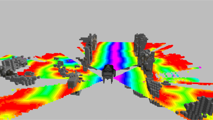 "A 3D simulation of a robot navigating through an environment with rainbow-colored heatmap visualizations indicating sensor data or field of view, surrounded by block-like structures."