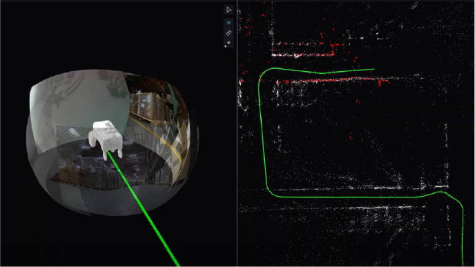 "A split-screen visualization showing a 3D environment on the left, with a green trajectory path originating from a robot, and a 2D LiDAR point cloud map on the right, also marked with the green trajectory path."