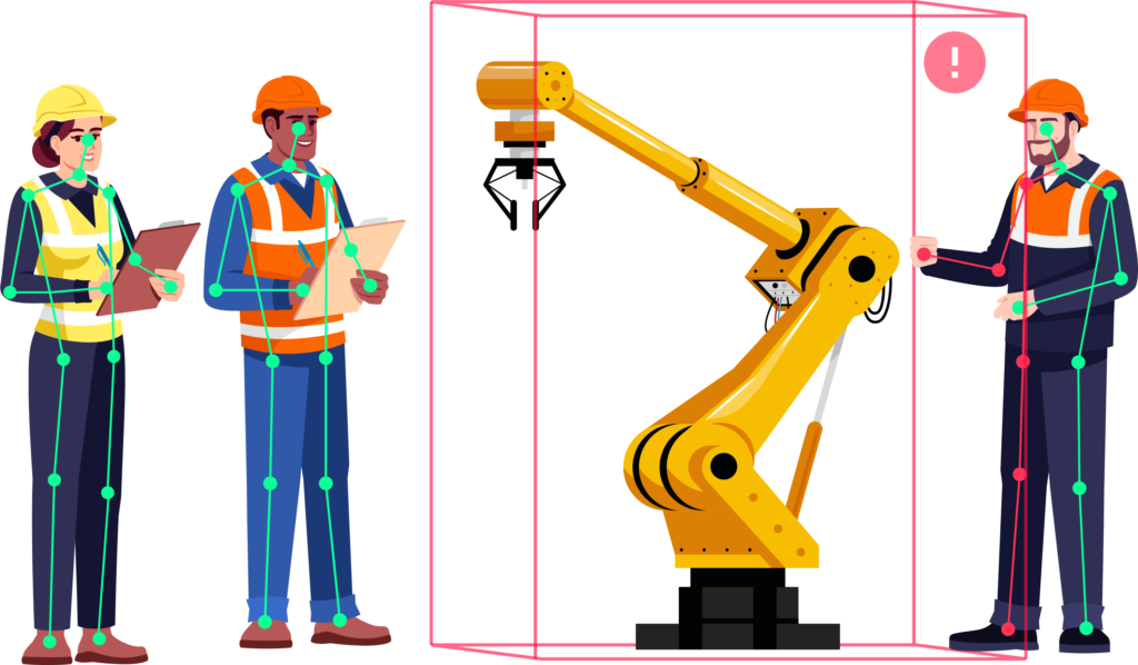 "Illustration of two construction workers with clipboards observing a robotic arm inside a safety enclosure. Another worker in an orange vest is positioned near the enclosure with a warning icon above."
