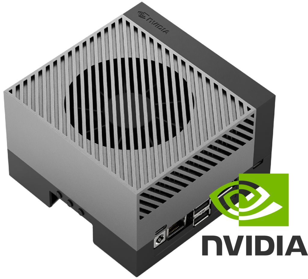 "Compact NVIDIA hardware device with a ventilated design featuring diagonal slats, exposed ports on the side, and the NVIDIA logo in green and black."