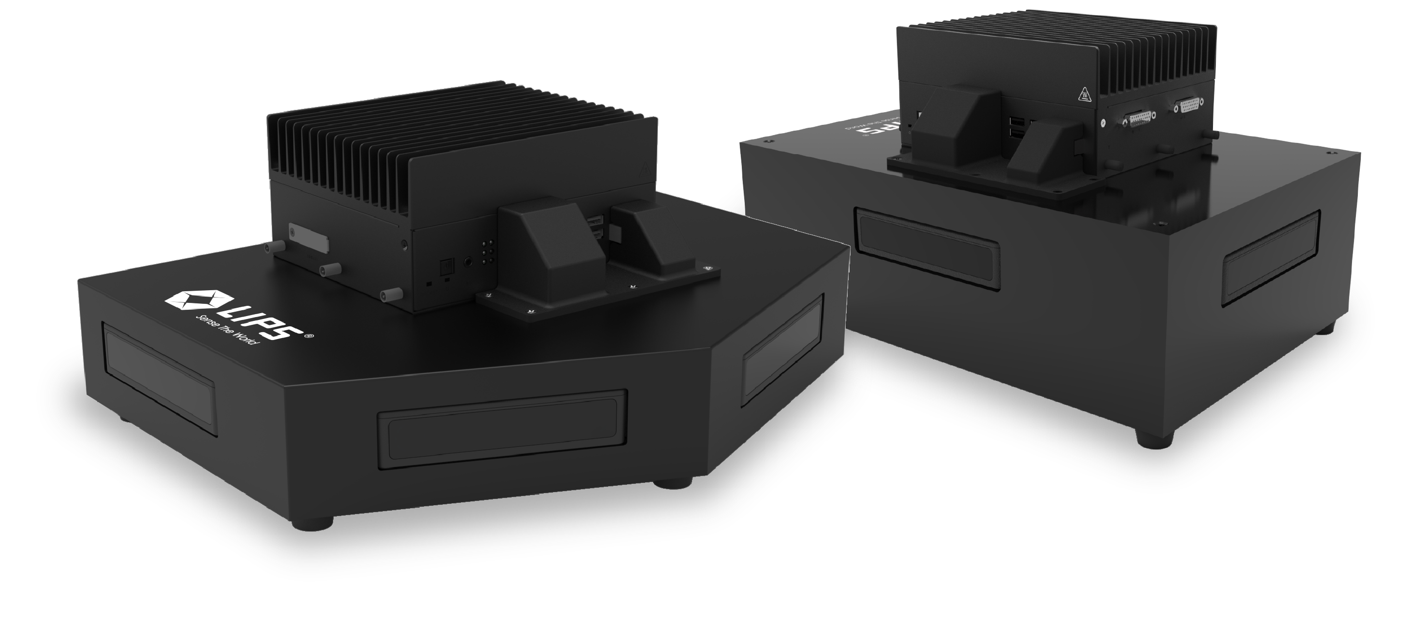 "Two black LIPS devices with a compact rectangular design, featuring cooling fins on top and a sleek finish, displayed on a black background."