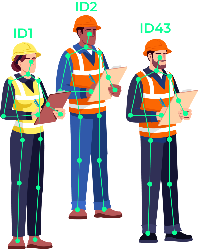 "Illustration of three construction workers wearing safety vests and helmets, holding clipboards. Each worker is labeled with IDs: ID1, ID2, and ID43. Green skeletal tracking lines are overlaid on their bodies."