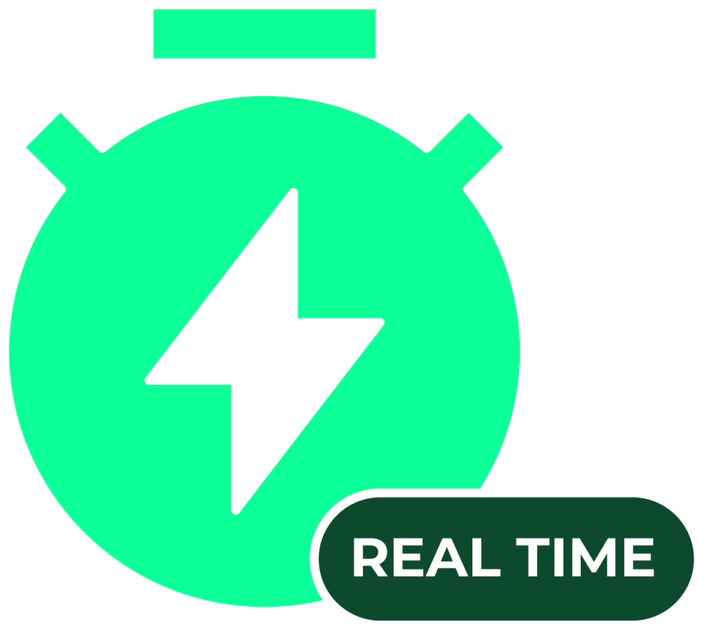 "Green stopwatch icon with a black lightning bolt in the center, accompanied by a label reading 'REAL TIME' in white text on a dark green background."