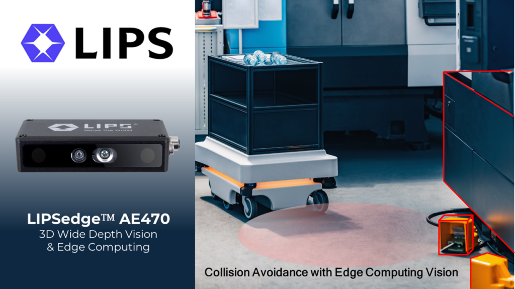 "Promotional image showcasing the LIPSedge AE470 3D camera for collision avoidance in industrial automation. The image highlights the camera's features, including wide depth vision and edge computing, alongside an example of a robotic cart avoiding obstacles in a factory setting."
