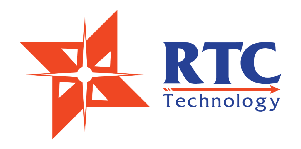 "RTC Technology logo featuring a red star with sharp edges and a white center, alongside the text 'RTC' in bold blue and 'Technology' in smaller blue font, underlined by an orange arrow."