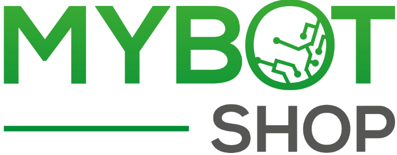 "MYBOT SHOP logo with 'MYBOT' in green uppercase letters, featuring a circuit design inside the letter 'O,' and 'SHOP' in gray below a green horizontal line."