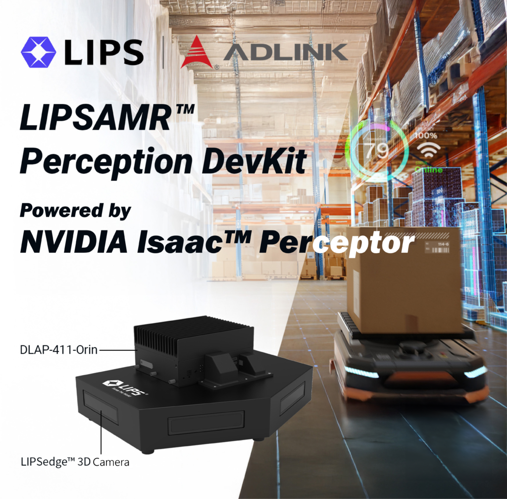 LIPS ADLINK LIPSAMR Perception DevKit powered by NVIDIA Isaac Perceptor featuring DLAP-411-Orin processor and LIPSedge 3D camera for autonomous mobile robot navigation in modern warehouse environment with digital overlay interface