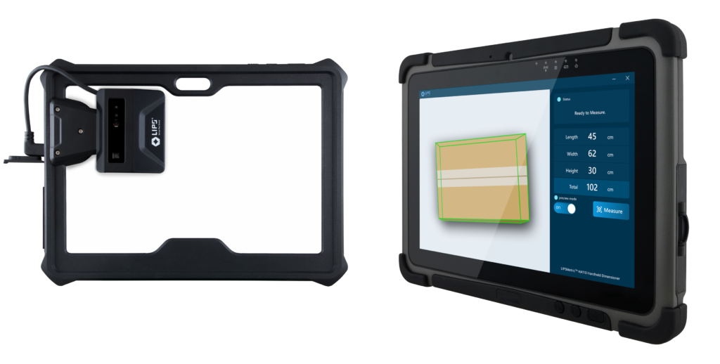 Two views of a ruggedized tablet system by LIPS for parcel dimensioning. The left side shows the back of the device with a mounted 3D camera sensor. The right side displays the tablet screen with software measuring a parcel's dimensions (length: 45 cm, width: 62 cm, height: 30 cm, total: 102 cm). The interface highlights precise measurements and a "Measure" button for operation. The device is designed for industrial use.