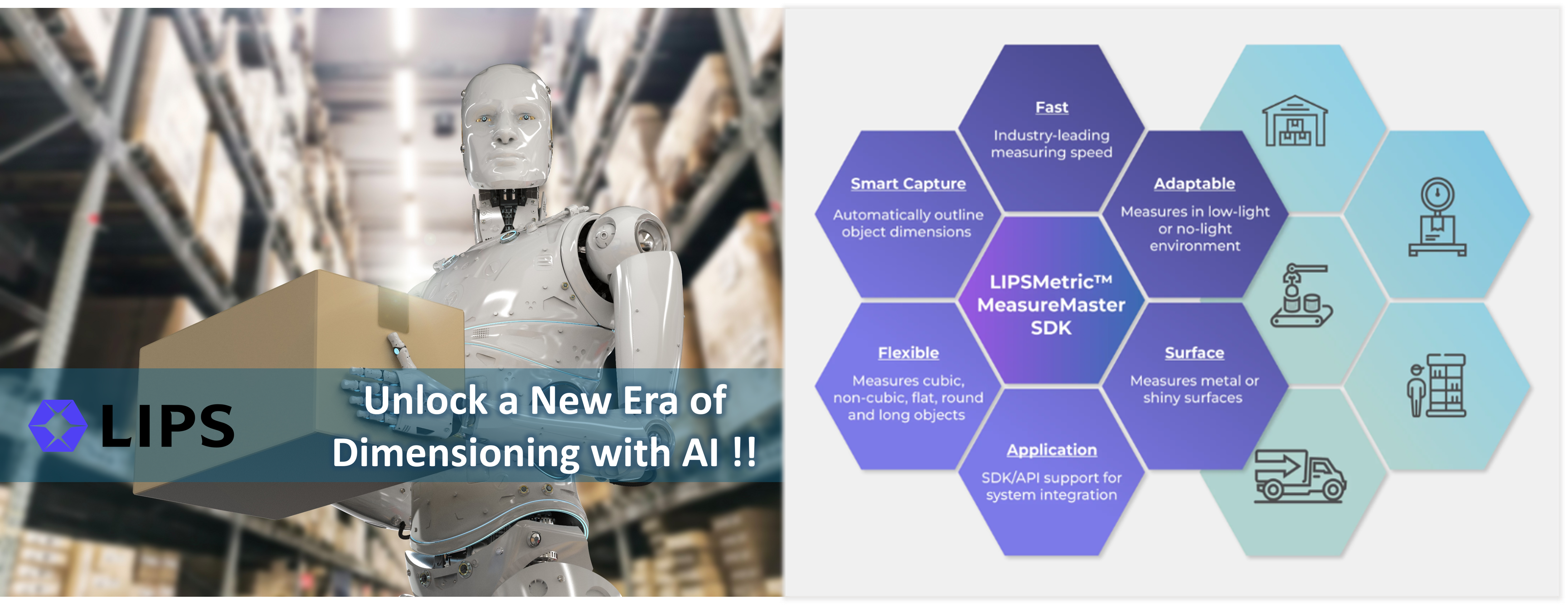 LIPS AI-powered dimensioning technology showcase featuring humanoid robot in warehouse setting with LIPSMetric MeasureMaster SDK hexagonal feature diagram highlighting smart capture, fast measuring speed, adaptable low-light performance, flexible object measurement, surface detection, and system integration capabilities