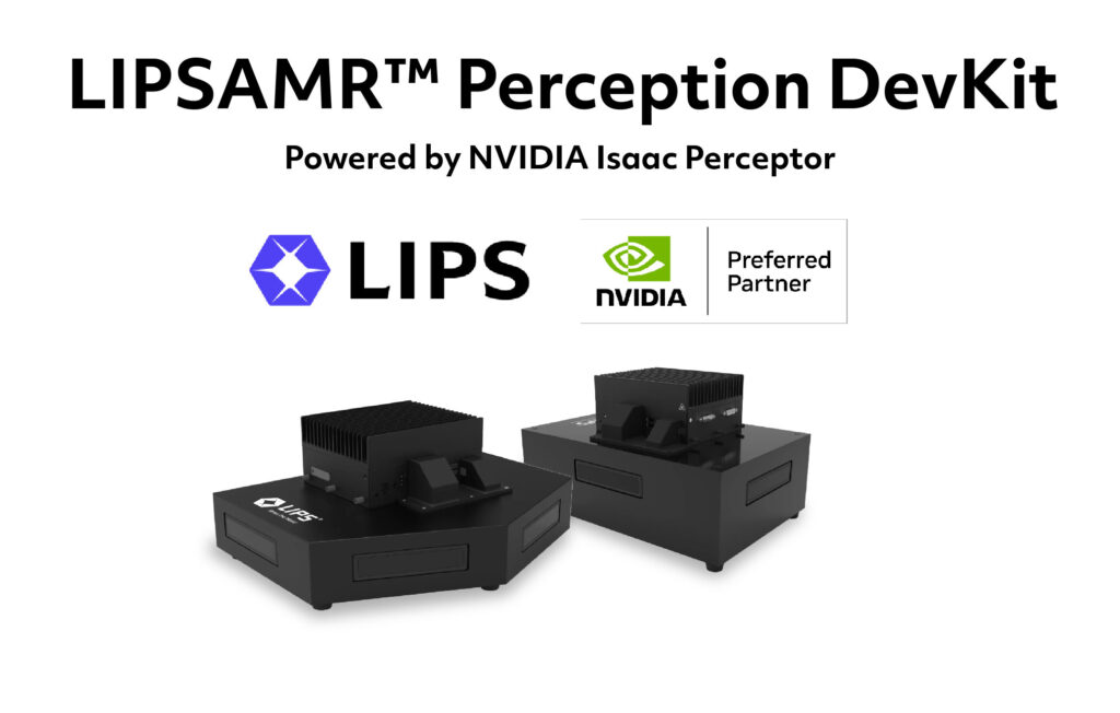 LIPSAMR Perception DevKit powered by NVIDIA Isaac Perceptor featuring two black autonomous mobile robot development platforms with LIPS and NVIDIA preferred partner branding on white background