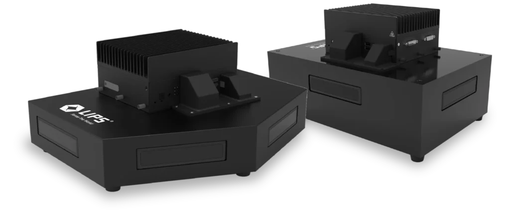 Two black LIPS branded autonomous mobile robot development platforms with heat sinks and sensor modules featuring modern industrial design on black background for professional product showcase