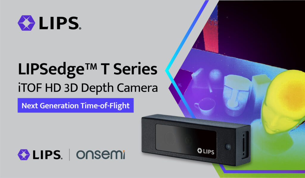 LIPS Corporation LIPSedge T Series iTOF HD 3D depth camera product advertisement featuring next generation time-of-flight technology with colorful geometric background and LIPS-Onsemi partnership branding