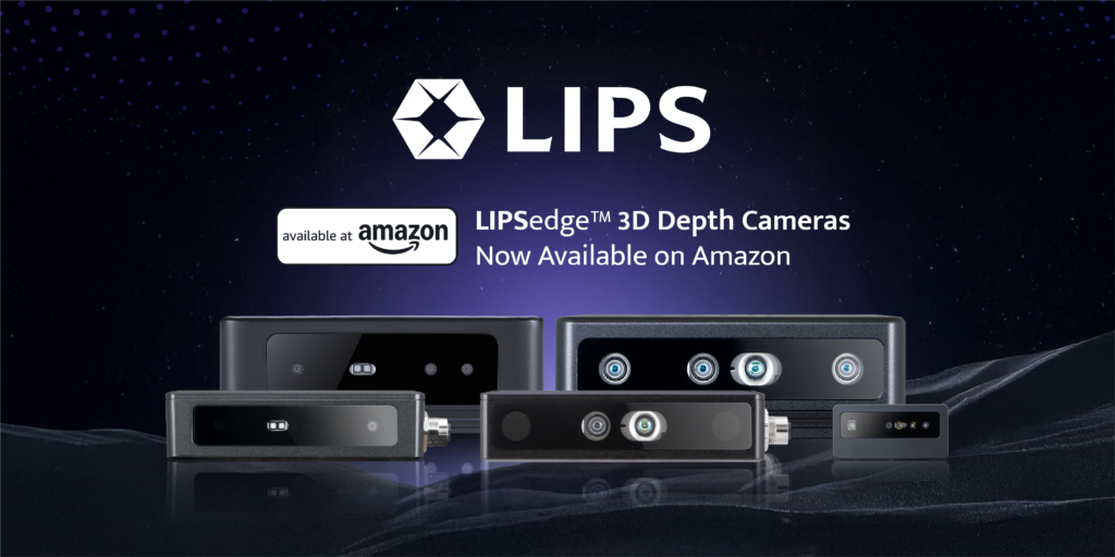 LIPS company logo with LIPSedge 3D depth cameras product lineup now available on Amazon featuring multiple stereo vision camera models with advanced depth sensing technology for computer vision applications robotics and AI development showcasing professional imaging hardware solutions