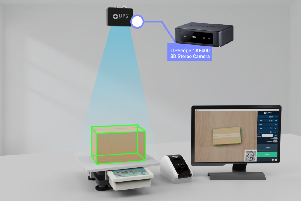 LIPSedge™ AE400 與 AE450 比較:工業用 3D 相機尺寸量測技術指南 3 LIPSedge AE400 3D stereo camera parcel dimensioning system with automated package measurement green wireframe detection structured light projection weighing scale integration and real-time measurement display for logistics warehouse automation and dimensional weight scanning applications