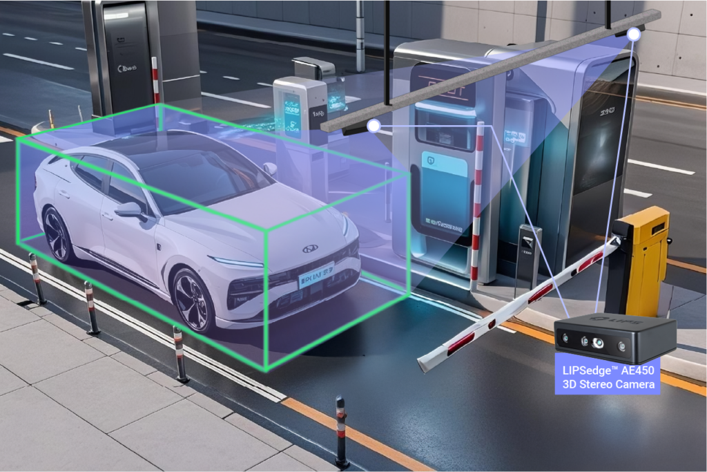 LIPSedge™ AE400 與 AE450 比較:工業用 3D 相機尺寸量測技術指南 5 White electric vehicle with 3D stereo camera scanning system and green laser grid detection at automated parking garage entrance with LIPSedge AE450 technology for smart vehicle profiling and autonomous parking management